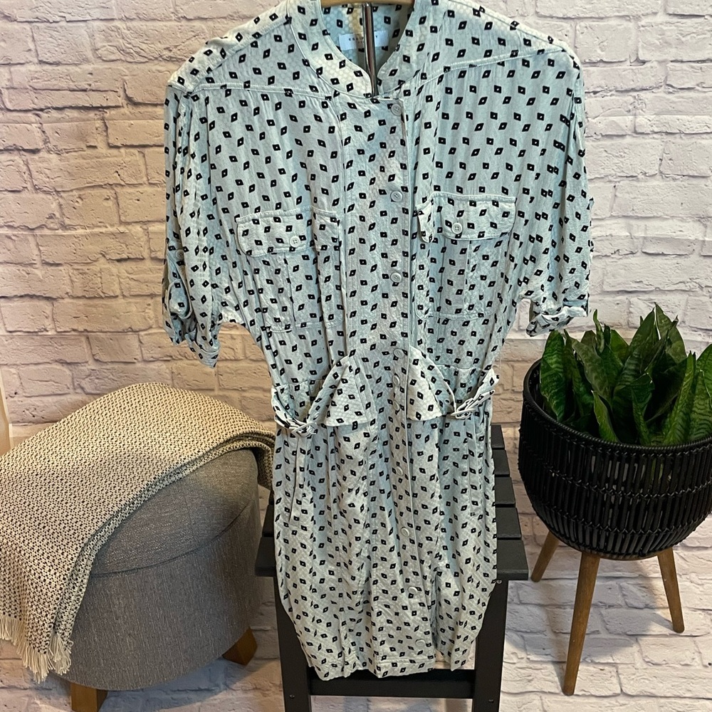 Equipment Belted Black Geometric Patterned Midi Dress